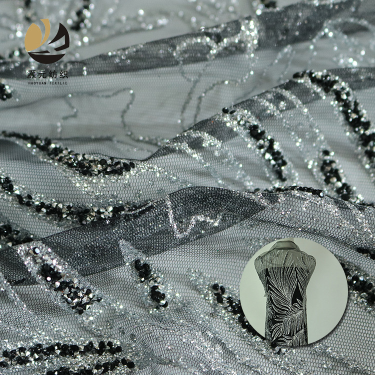 2024 nueva tela de malla de malla de encaje de oro rociado diamante vestido de boda tela