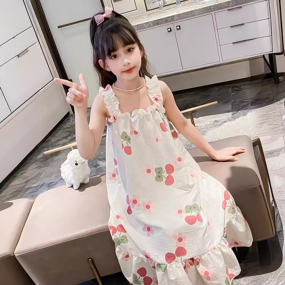 2025夏季新款女童睡衣韩版卡通吊带花边云朵棉儿童家居服睡裙