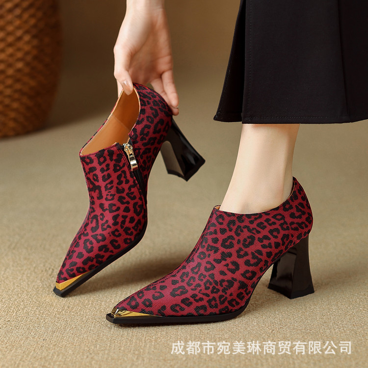 Designer-Style Large-Size Green Leopard Print Chunky Heel Pointed-Toe Single Shoes with British-Style Metal Toe and Side Zipper