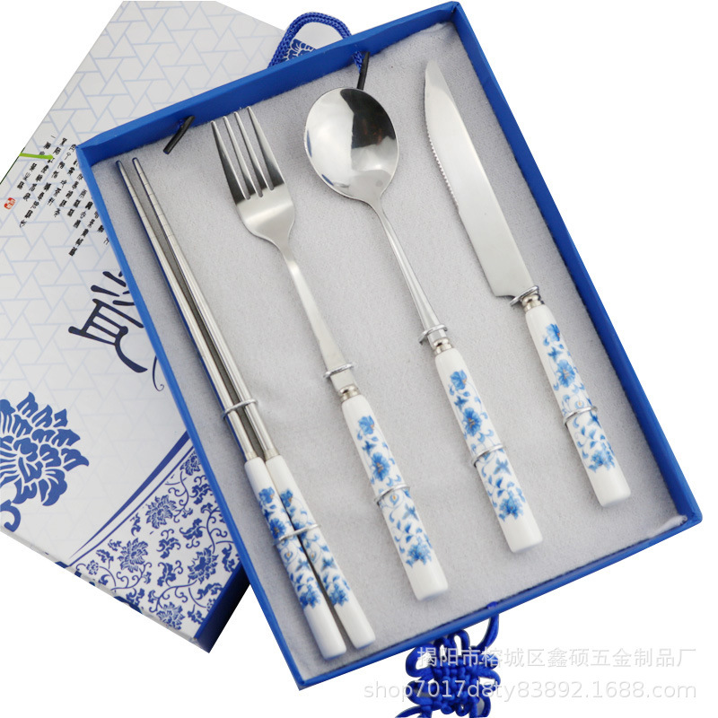 Manufacturer Wholesale Stainless Steel Tableware Set, Knife, Spoon, Fork and Chopsticks, Creative Gift Blue and White Porcelain Four-Piece Set Manufacturer Wholesale Stainless Steel Tableware Set, Knife, Spoon, Fork and Chopsticks, Creative Gift Blue and White Porcelain Four-Piece Set