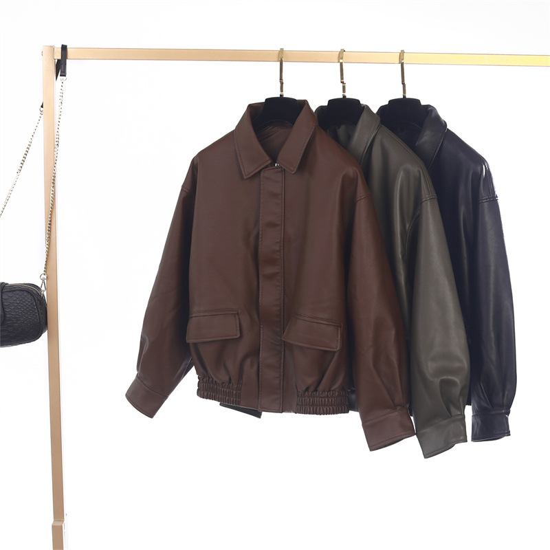 2024 Autumn New Women's Leather Jacket Korean Loose Bf Style Slimming Biker Clothing PU Leather Jacket Top