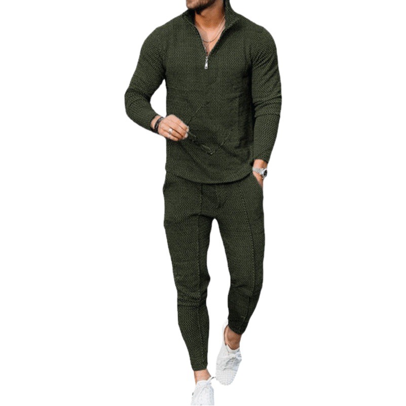 El comercio exterior de los hombres de otoño textura traje de manga larga polo desgaste pantalones deportivos moda casual media cremallera soporte collar traje