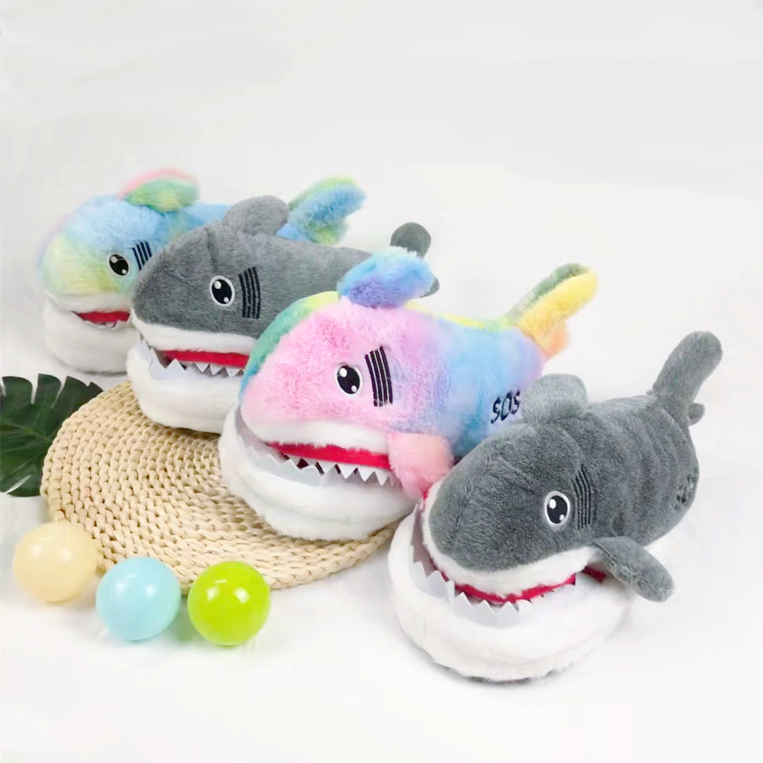 Pantofole di peluche con testa di squalo, suola spessa, 3D, per interni, calde, casa, cartone animato, scarpe di cotone_voghion.com