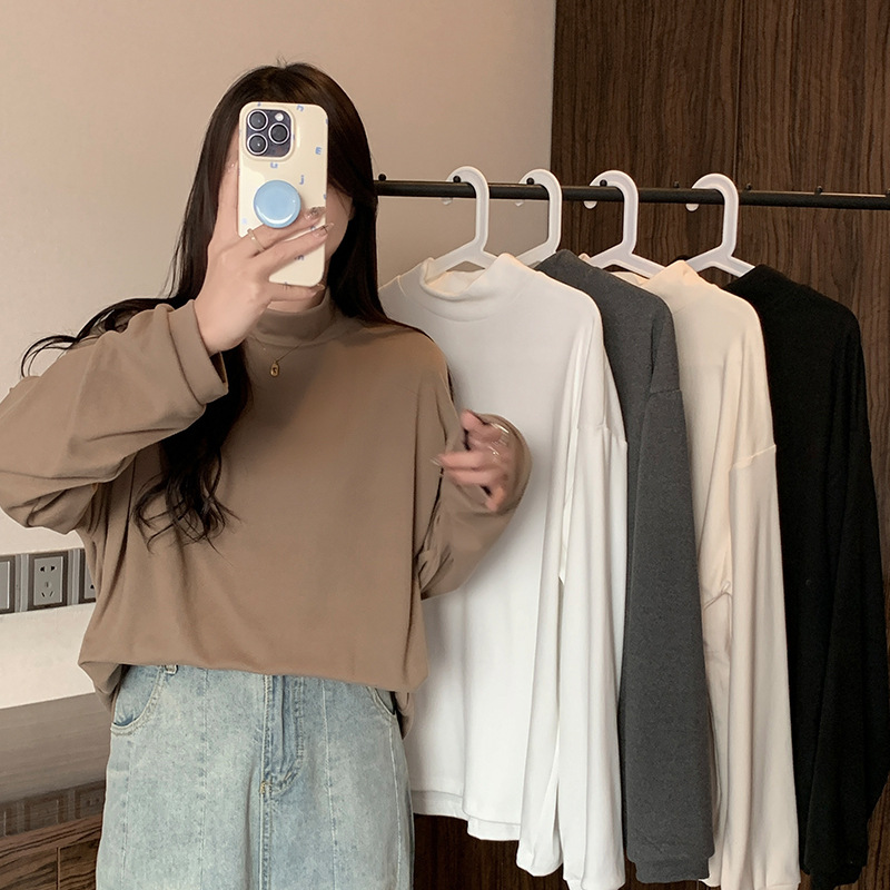 German velvet thickened semi-high collar bottom shirt for women in autumn and winter 2022 new loose and thin large warm long-sleeved T-shirt