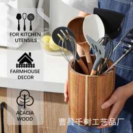 现货合欢木木制餐具收纳盒可旋转餐具存储和圆形桌面实木厨具盒