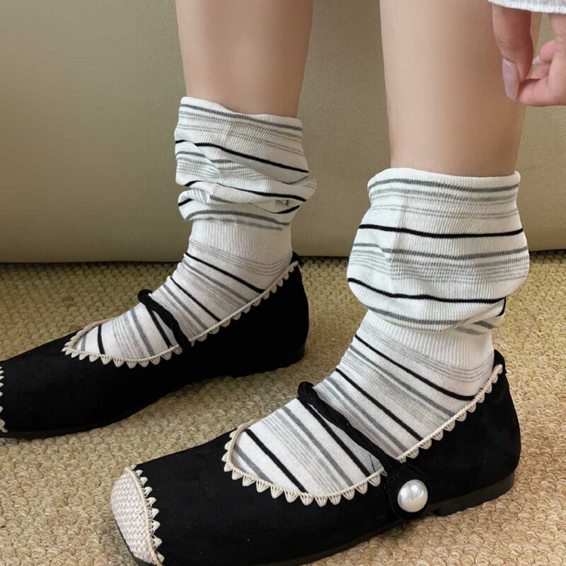 Spring and Summer Striped Socks for Women, Mid-Calf Pure Cotton Socks, Lazy Style Slouch Socks, Flared Edge Women's Long Socks, Relaxed Style Outfit
