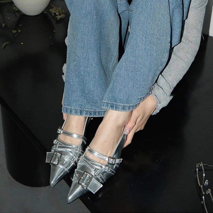 Soft Leather Version ~ Silver Pointed Toe High Heels for Women, Belt Buckle Casual Toe-Toe Sandals, Half-Slip Backless Shoes