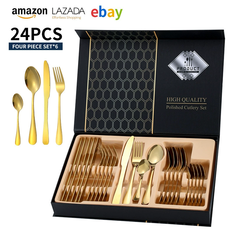 Трансграничная посуда из нержавеющей стали Amazon 1010, Подарочная коробка из 24 предметов, отель, Западный нож для стейка, вилка, ложка, десертная ложка