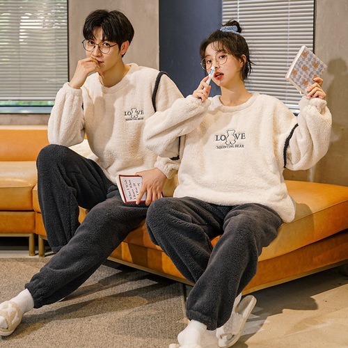 Couple's Winter and Autumn Thick Warm Plush Coral Fleece Women's Cartoon Winter Fleece Men's Home Suit Set