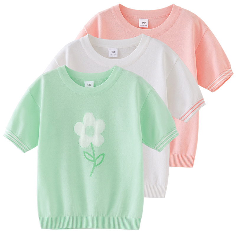 2023 ropa para niños nueva flor de seda de hielo niñas de punto de manga corta Camiseta para niños camisa de verano delgada entrega de una pieza