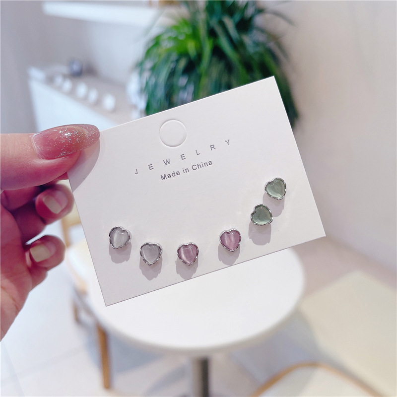 Heart Shape Pattern 1 Pair Cute Sweet Heart Shape Stoving Varnish Plating Inlay 925 Sterling Silver Cat's Eye Stone Ear Studs