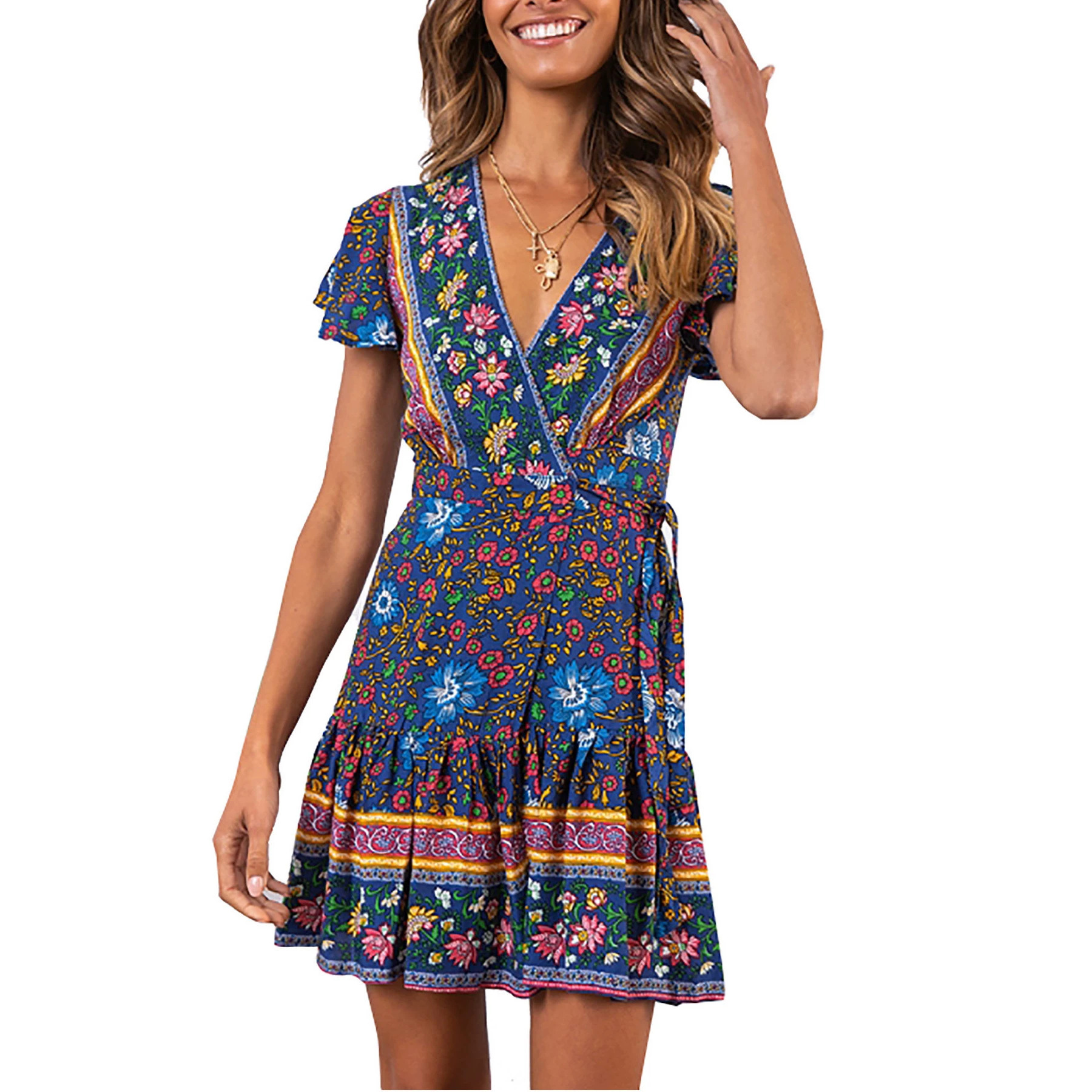 2026 Spring and Summer New European and American Women's Short Skirts, Amazon Ebay Hot-Selling Short-Sleeved V-Neck Printed Beach Dress