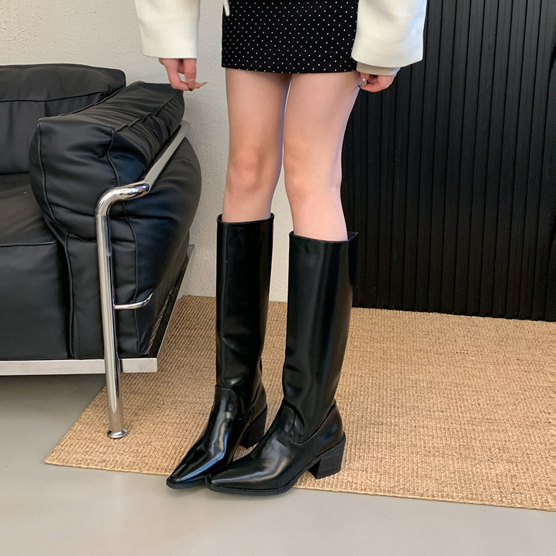 Brown high boots square toe heels