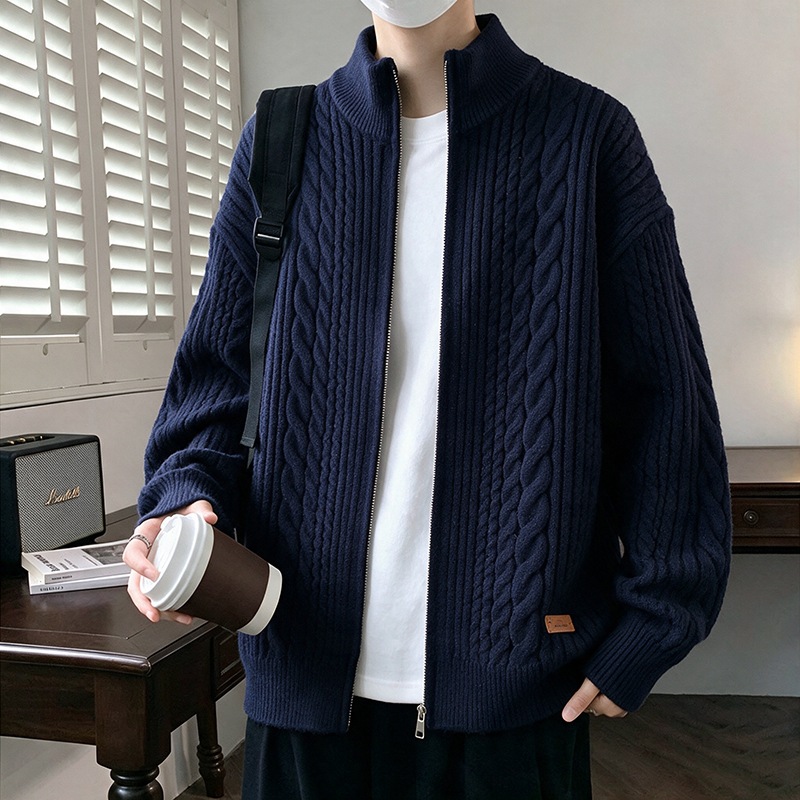 立领针织开衫男士毛衣酒红色高级感百搭宽松外套休闲百搭上衣青年