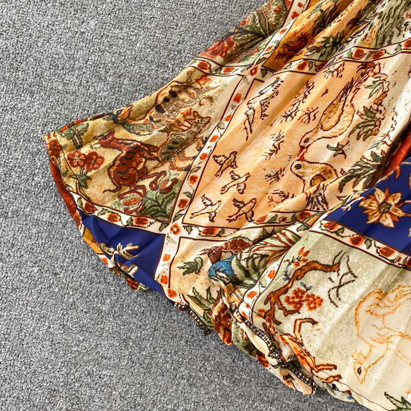 Vêtements pour femmes Automne col rond ample mince à manches longues imprimé satin simple boutonnage robe plissée élégante légère luxe longue jupe_voghion.com