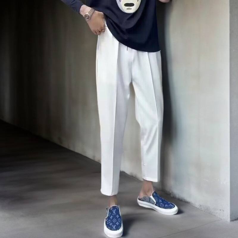 Trendy Slim-Fit Men's Cropped Pants, Stylish Straight-Leg Casual Pants with Drape, White Suit Pants