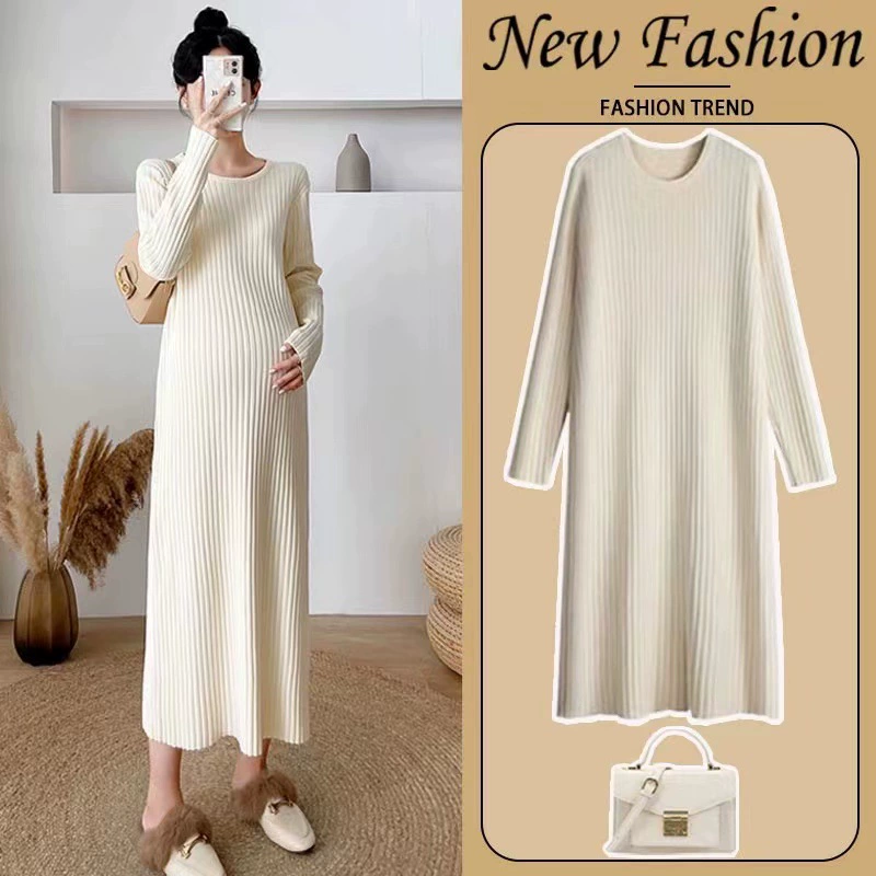 Осенне-зимнее длинное базовое Внутреннее платье-свитер для беременных, модное свободное простое вязаное платье для беременных, подходящее пальто