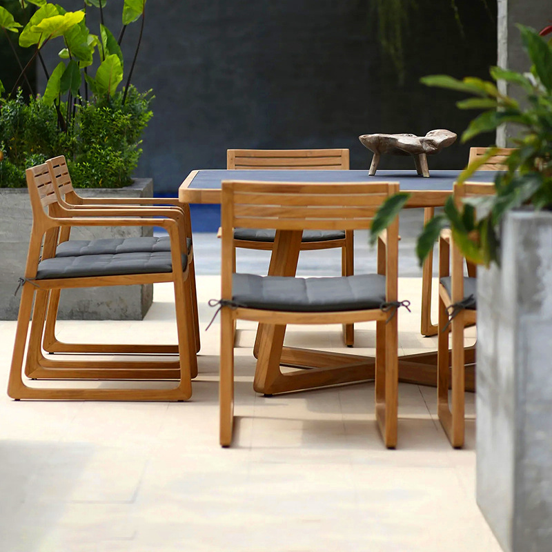 Mesa y sillas de madera maciza al aire libre patio jardín villa hotel tabla de roca mesa de comedor al aire libre muebles de teca impermeables anticorrosivos