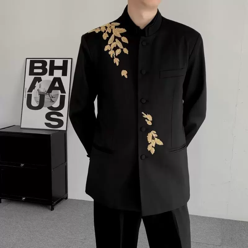秋季新中式重工刺绣玉兰花中山装西服外套复古痞帅高级感西服男款