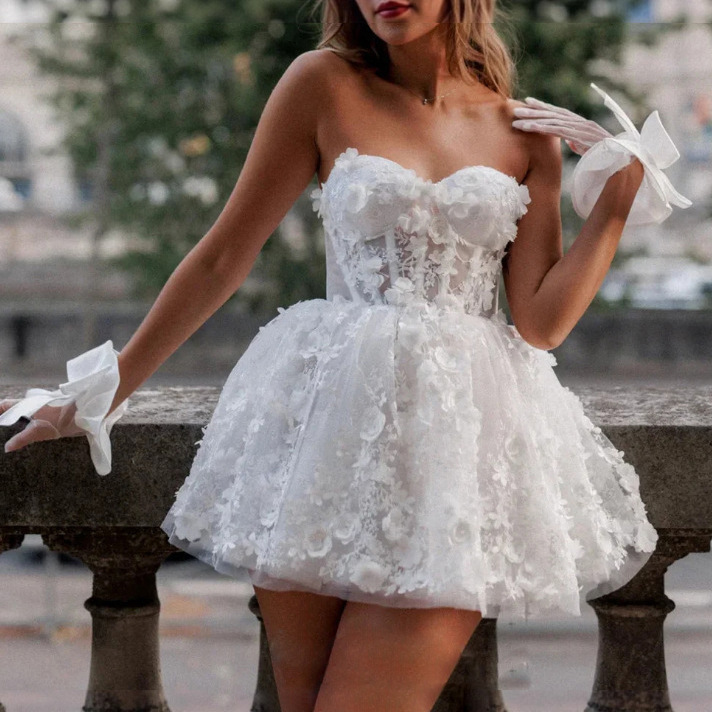 Cross-Border Short Strapless Wedding Dress with Heavy Lace for Birthday Banquet Photo Shoot, Ball Party, Fashion Street Style Dress
