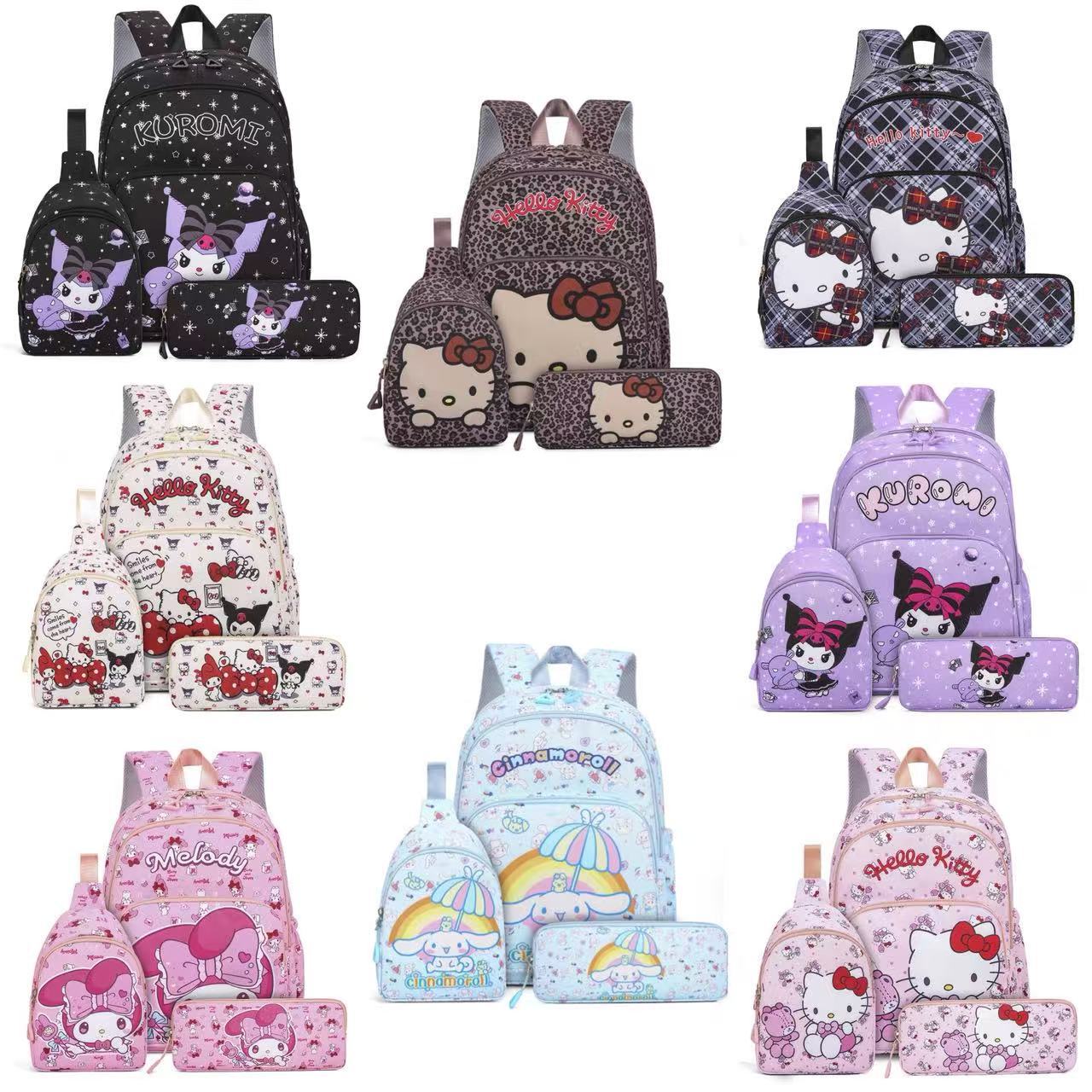 Three-Piece Set of Kt Cat Backpacks, Kuromi Elementary School School Bags, Large-Capacity Backpacks for Men and Women, School Bags, Casual Backpacks