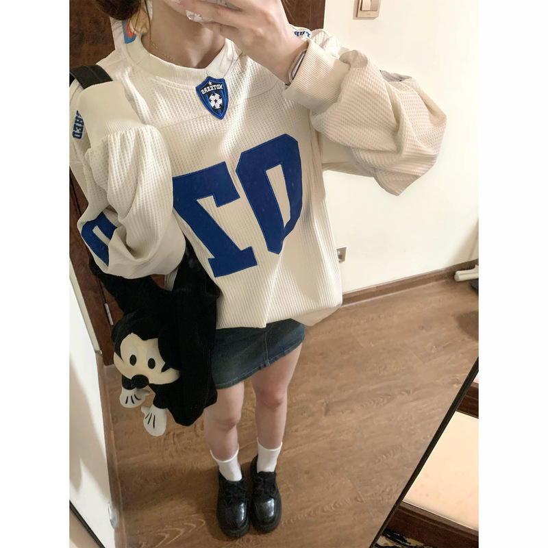 American retro sports style digital embroidery long-sleeve hoodless sweatshirt for women, autumn college style waffle knit loose top