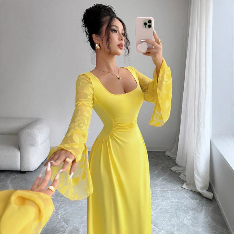 2026 European and American Cross-Border Women's Fashion French-Style Solid Color Long-Sleeve Square-Neck Slim-Fit Long Dress Elegant Jacquard Mesh Dress 2026 European and American Cross-Border Women's Fashion French-Style Solid Color Long-Sleeve Square-Neck Slim-Fit Long Dress Elegant Jacquard Mesh Dress