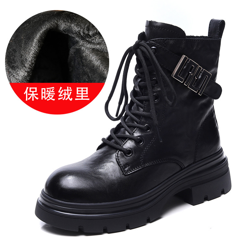 头层牛皮马丁靴女2025秋冬新款英伦风短靴女韩版百搭学生厚底加绒|undefined