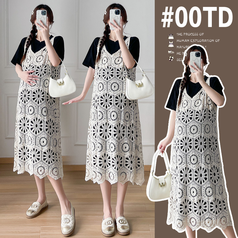 2024 maternity summer new hollow two-piece vest T-shirt dress suit 2024 maternity summer new hollow two-piece vest T-shirt dress suit