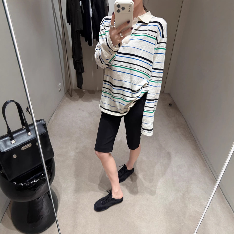 In-Stock Wx Martin Style Fine-Spun Cotton Polo Collar Striped Knit Sweater, Loose Pullover Top for Spring In-Stock Wx Martin Style Fine-Spun Cotton Polo Collar Striped Knit Sweater, Loose Pullover Top for Spring