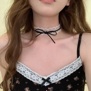 Lace Bow Choker Necklace Women's Pure Spice Girls Dark Clavicle Chain Cyber Popular Sweet Cool All-match Collar Necklace Chain