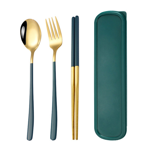 Stainless steel portable tableware spoon fork chopstick set Korean three-piece student tableware outdoor travel set