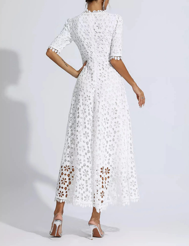 Women's Deep V Neck mid Length Lace Evening Dress Spring/Summer New Arrival European American Style Regular Size_ecoleips.com