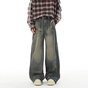 High Street Hip-Hop Wide Leg Jeans Men's Winter American Style Heavy Washed Mop Pants Niche Stitching All-Match Pants
