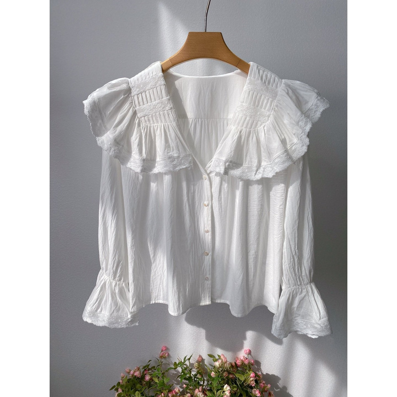 French Fairy-Style 2026 New Style White Lace Ruffled V-Neck Textured Pleated Bell-Sleeve Shirt Top for Women
