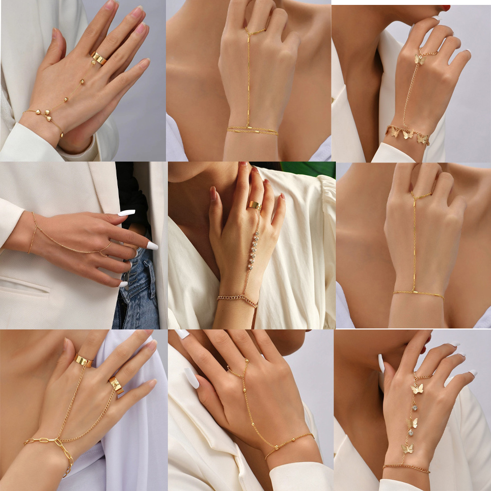 European and American Creative Personality Niche Design Retro Ring with Finger Love Chain Temperament Bracelet Advanced Feeling Hand Jewelry