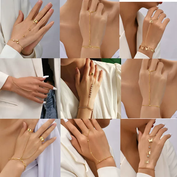 European and American Creative Personality Niche Design Retro Ring with Finger Love Chain Temperament Bracelet Advanced Feeling Hand Jewelry