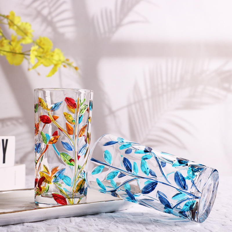 Painted Branch Glass Ins Style Household Juice Cup Embossed High-Value Printed Leaf Cup High-End Water Cup