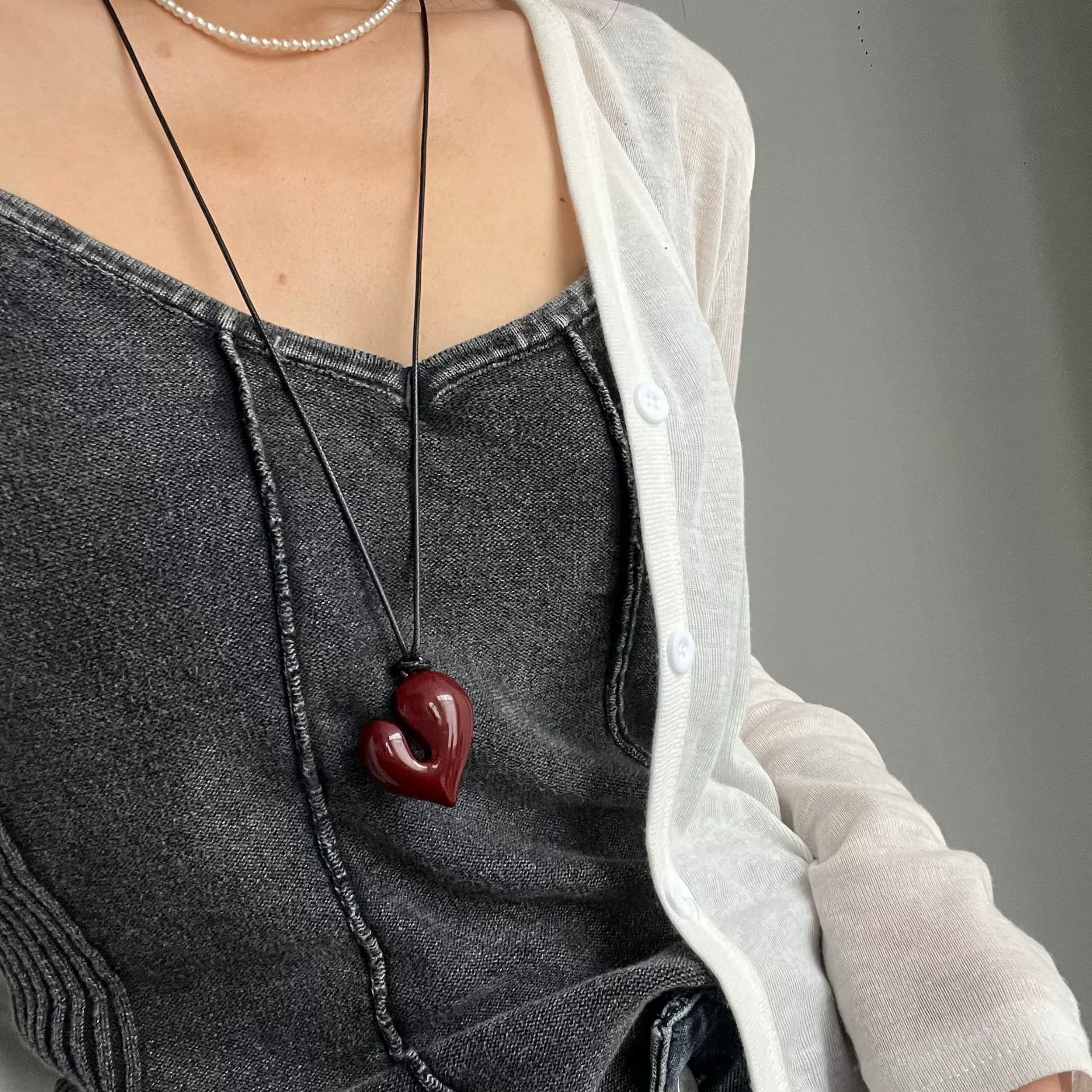 Pendant Necklace, Stainless Steel & Leather Rope, Burgundy/Black/Silver, 7 cm Pendant