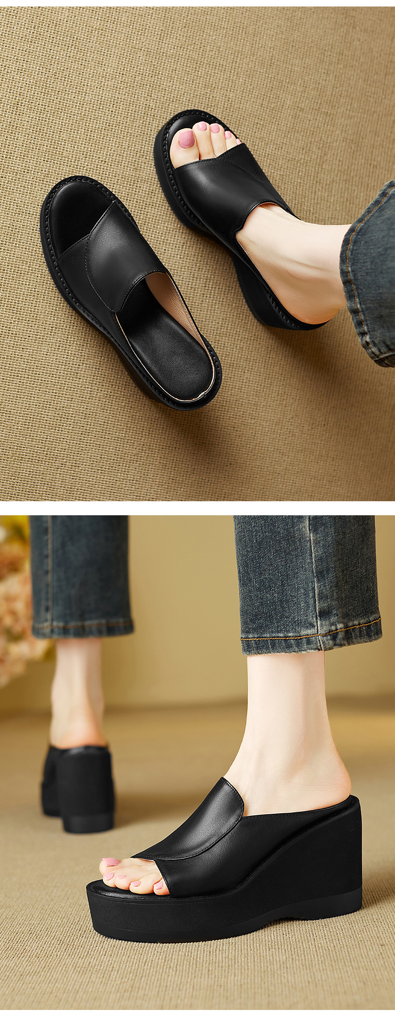 Sandal cao gót nữ mũi hở đế xuồng da thật tăng chiều cao — màu đen, màu mơ chi tiết 8
