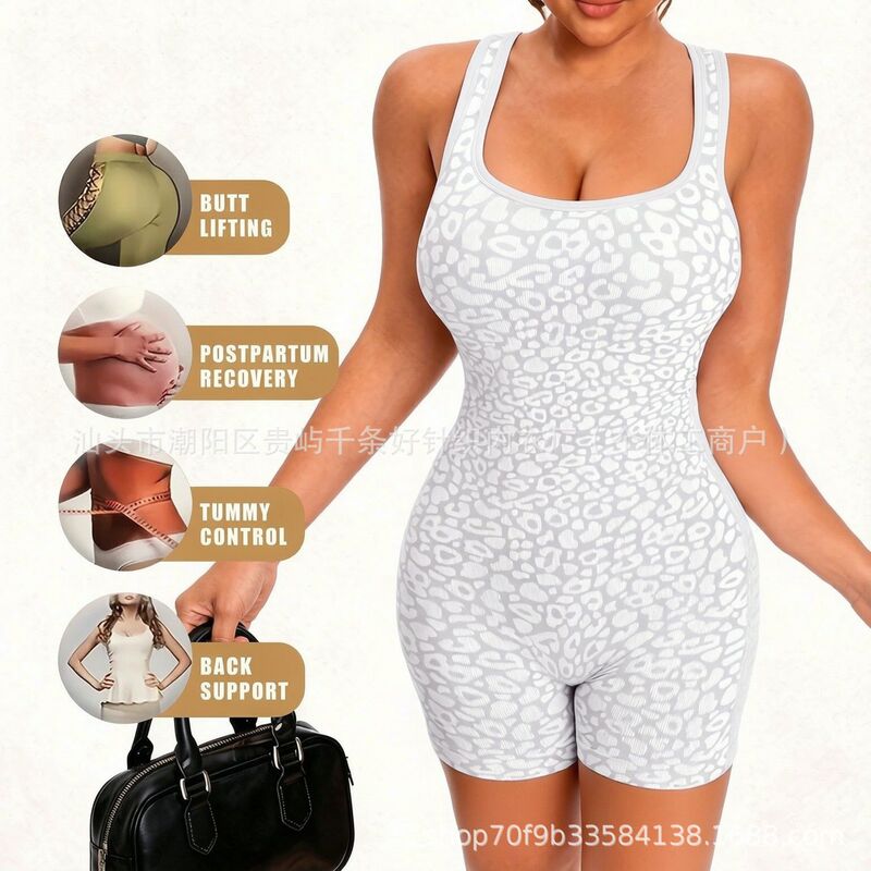 Cross-border European and American plus-size leopard print high-elasticity seamless sports jumpsuit for women, yoga fitness shapewear