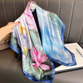 2024新款丽锦缎清新仿真丝荷花印花防晒90大方巾气质丝巾围巾女