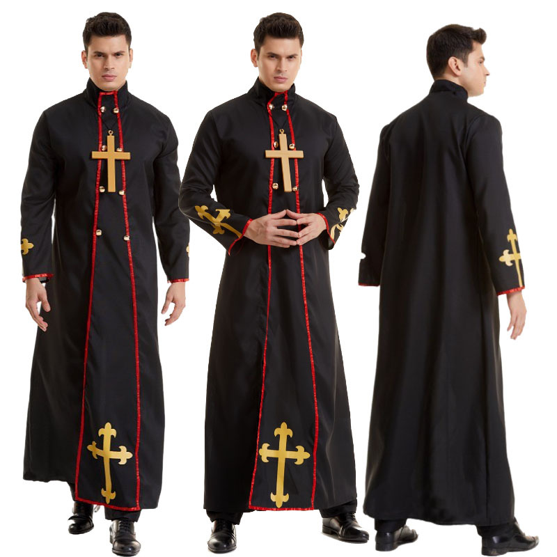 Halloween Horror Costume Priest Black Robe Cos Missionary Priest Costume Male Drama Stage Performance Costume