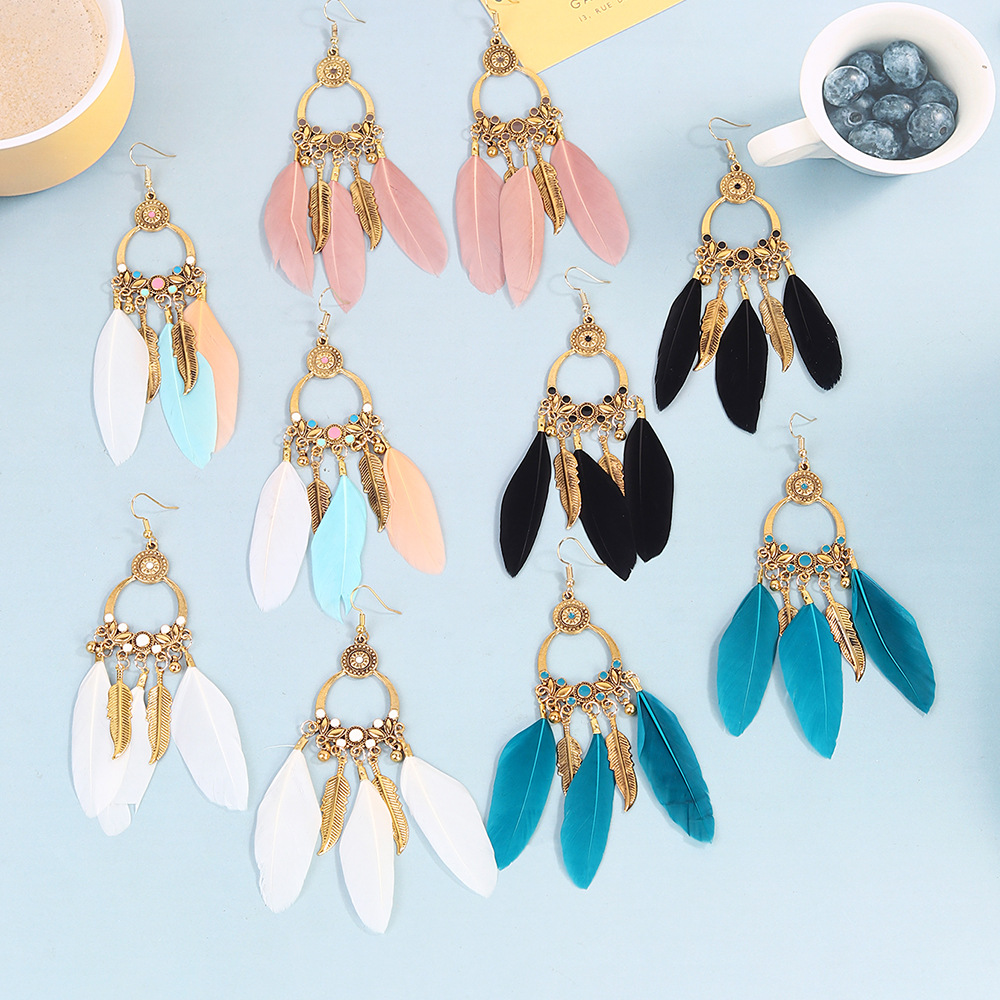 13g Weight Alloy Ear Needle Material 1 Pair Retro Simple Style Tassel Plating Alloy Feather Drop Earrings
