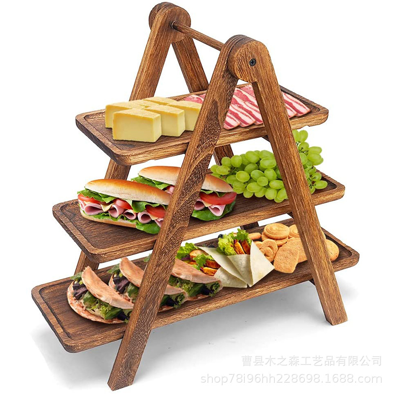 批发折叠火锅食材收纳架木质蛋糕食品糖果托盘甜品糕点置物架多层