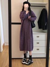 紫色法式针织连衣裙女春夏装2025新款感慵懒风加厚毛衣长裙子