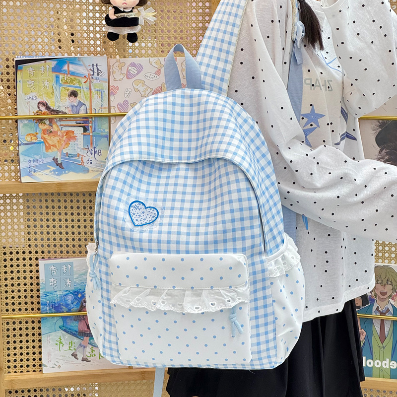 New student backpack, fresh and cute, versatile for daily use, large capacity, plaid lace, for middle and high school girls