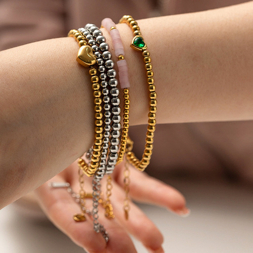 INS-style trendy titanium steel bracelet 16k gold round bead green heart zirconia bracelet, colorfast accessories wholesale