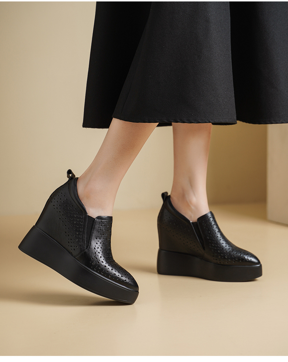 Giày sneaker nữ đế dày tăng chiều cao 12cm, form lười thoáng khí, phong cách trẻ trung — màu đen, màu trắng chi tiết 3
