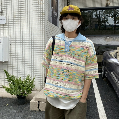 Women's Striped Gradient Lacing Polo Shirt with Vintage Short Sleeve Casual American Style Knit Collar Top